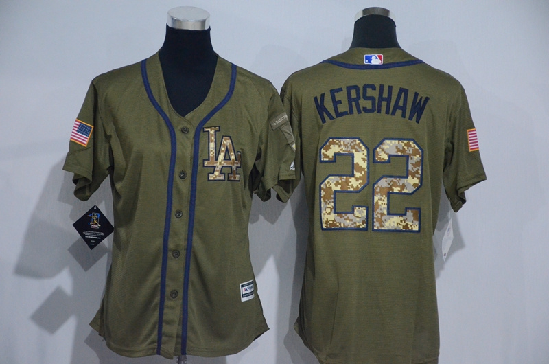 Womens 2017 MLB Los Angeles Dodgers #22 Kershaw Green Salute to Service Stitched Baseball Jersey->->Women Jersey